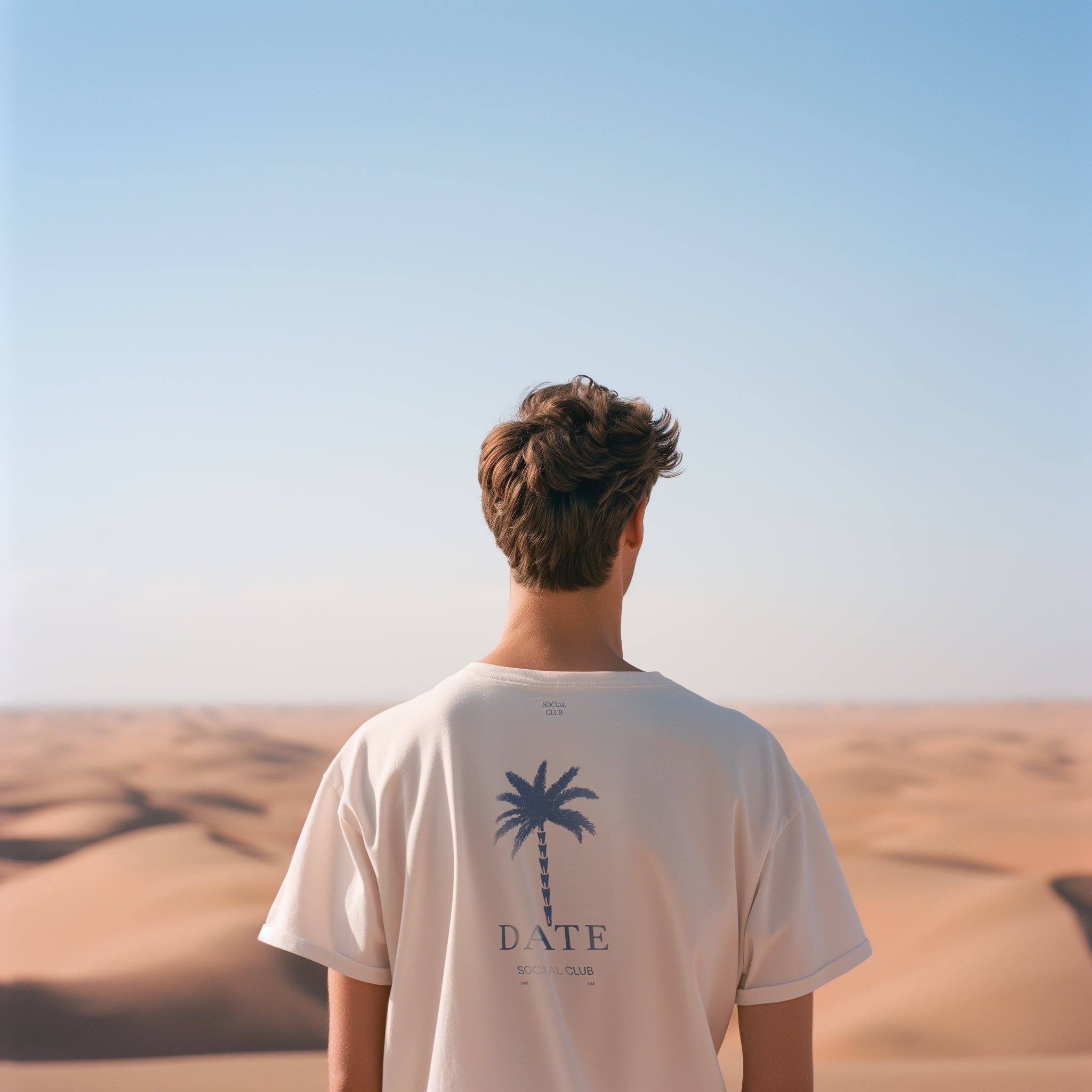 A man in a cream DATE t-shirt looking out over the desert dunes.